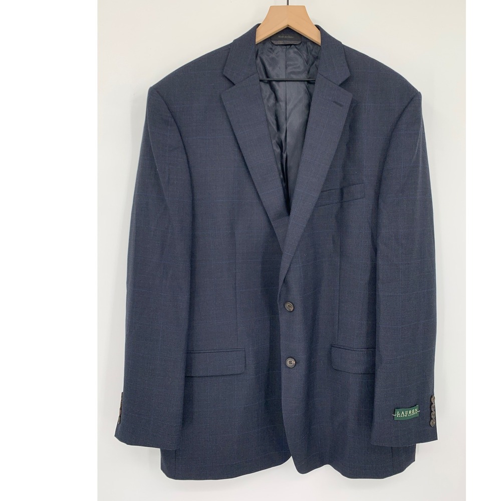 Ralph Lauren Blazer Jacket Mens 48L Navy Blue Windowpane Plaid Wool NEW Read